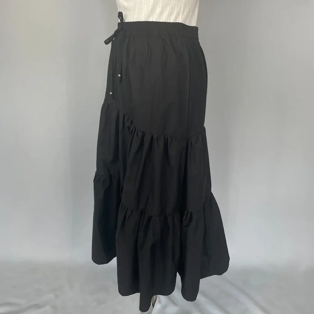 Tiered Broomstick Midi Skirt Size Medium Black Solid Fairy Whimsigoth Boho Goth